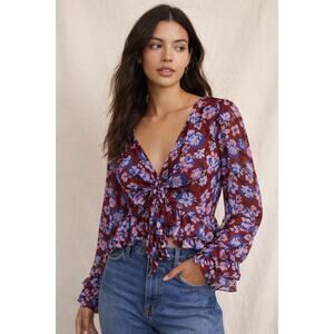 Free People Floral Maybel Blouse Shiraz Combo Tie Front Peplum Ruffle Crop XS